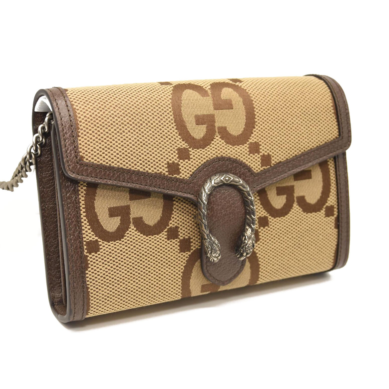 GUCCI Monogram Jumbo GG Textured Dollar Calfskin Mini Dionysus Chain Wallet Camel Ebony New Acero
