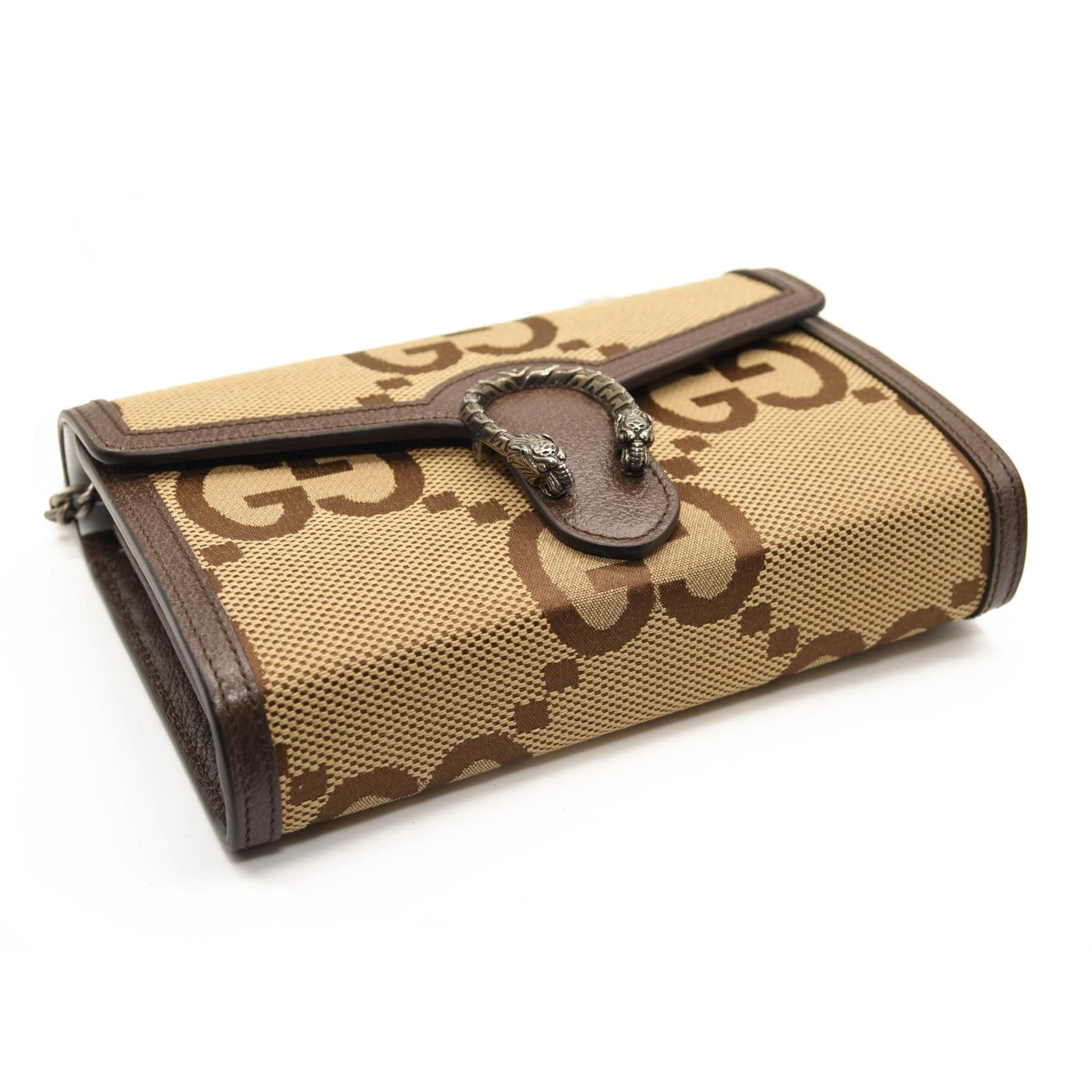 GUCCI Monogram Jumbo GG Textured Dollar Calfskin Mini Dionysus Chain Wallet Camel Ebony New Acero