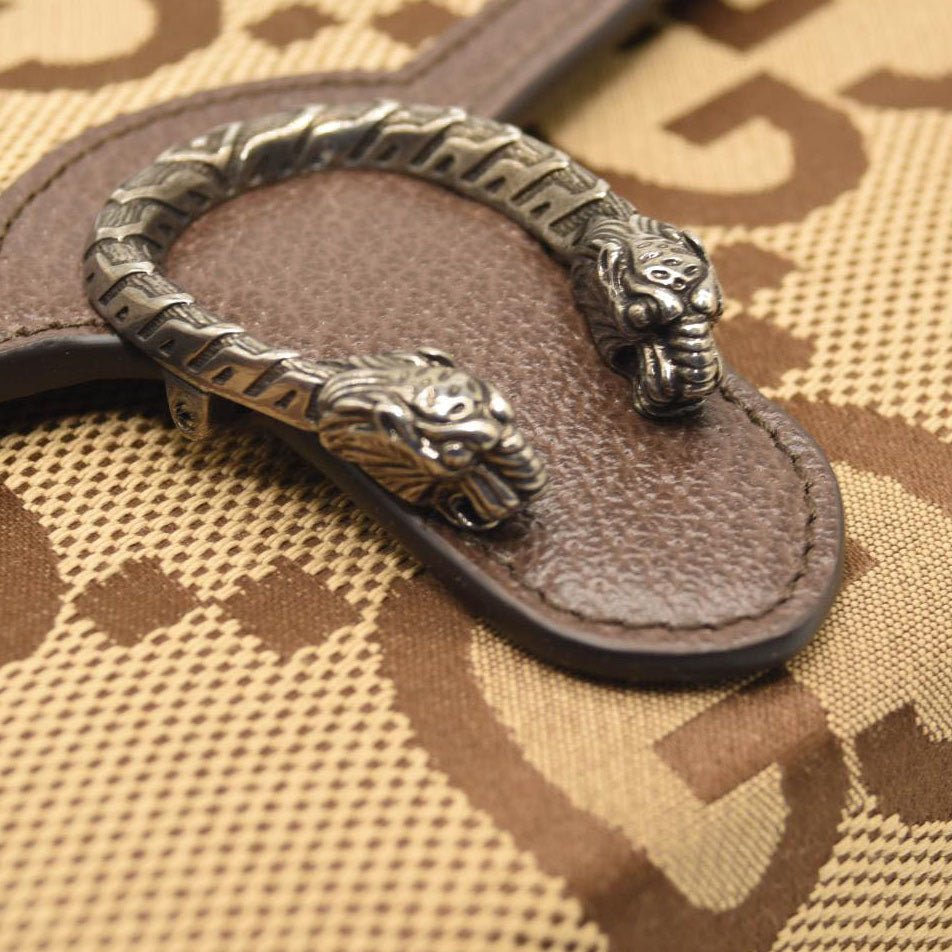 GUCCI Monogram Jumbo GG Textured Dollar Calfskin Mini Dionysus Chain Wallet Camel Ebony New Acero