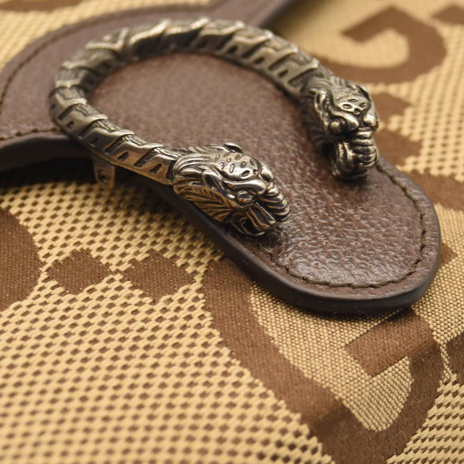 GUCCI Monogram Jumbo GG Textured Dollar Calfskin Mini Dionysus Chain Wallet Camel Ebony New Acero