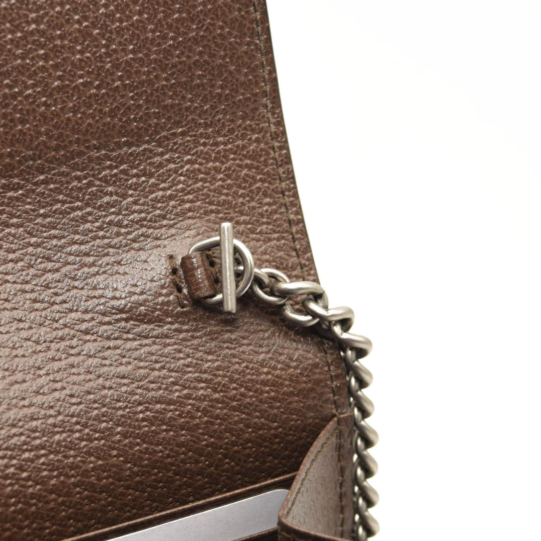 GUCCI Monogram Jumbo GG Textured Dollar Calfskin Mini Dionysus Chain Wallet Camel Ebony New Acero