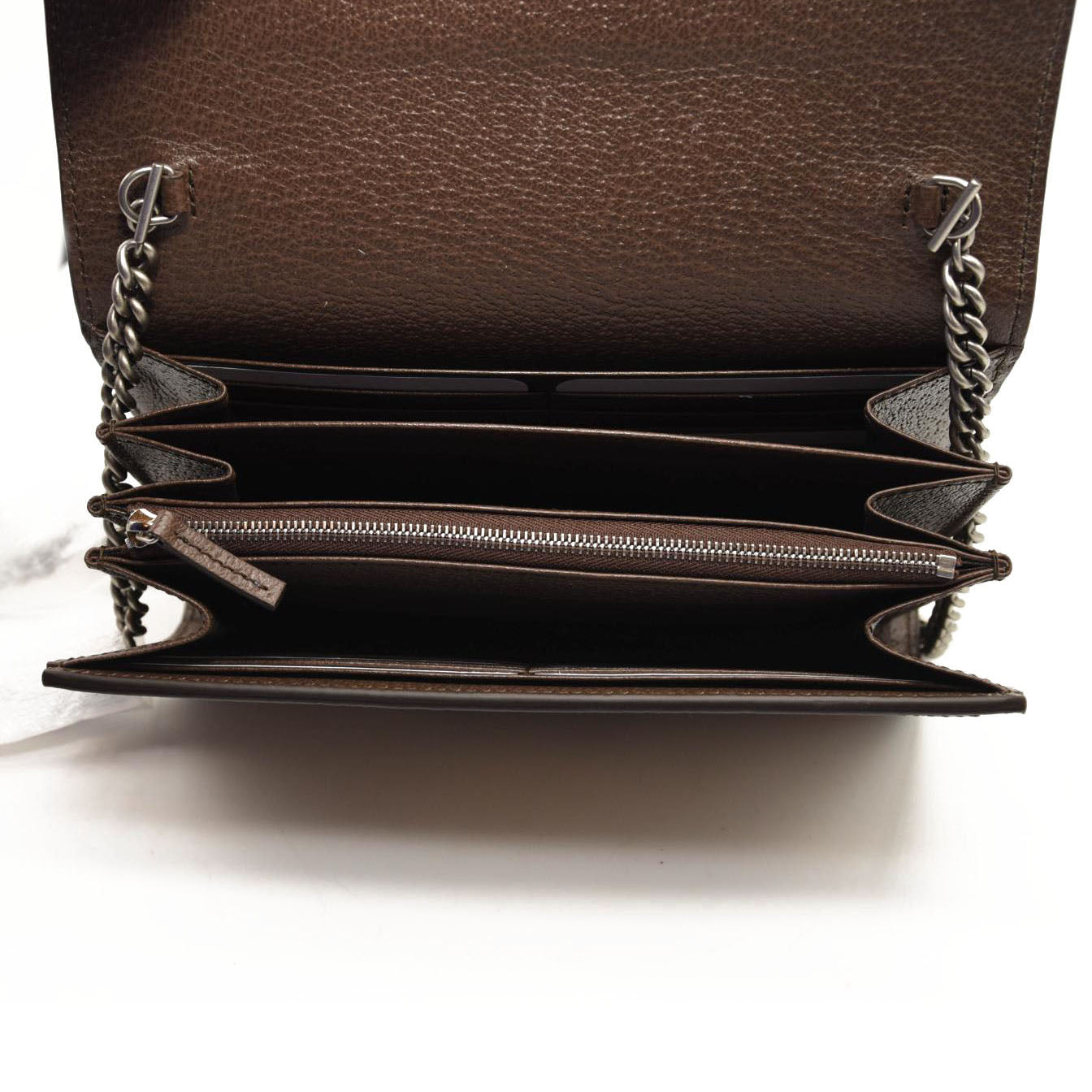 GUCCI Monogram Jumbo GG Textured Dollar Calfskin Mini Dionysus Chain Wallet Camel Ebony New Acero