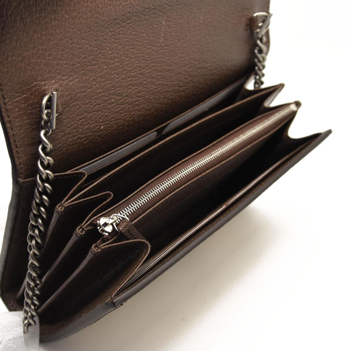 GUCCI Monogram Jumbo GG Textured Dollar Calfskin Mini Dionysus Chain Wallet Camel Ebony New Acero