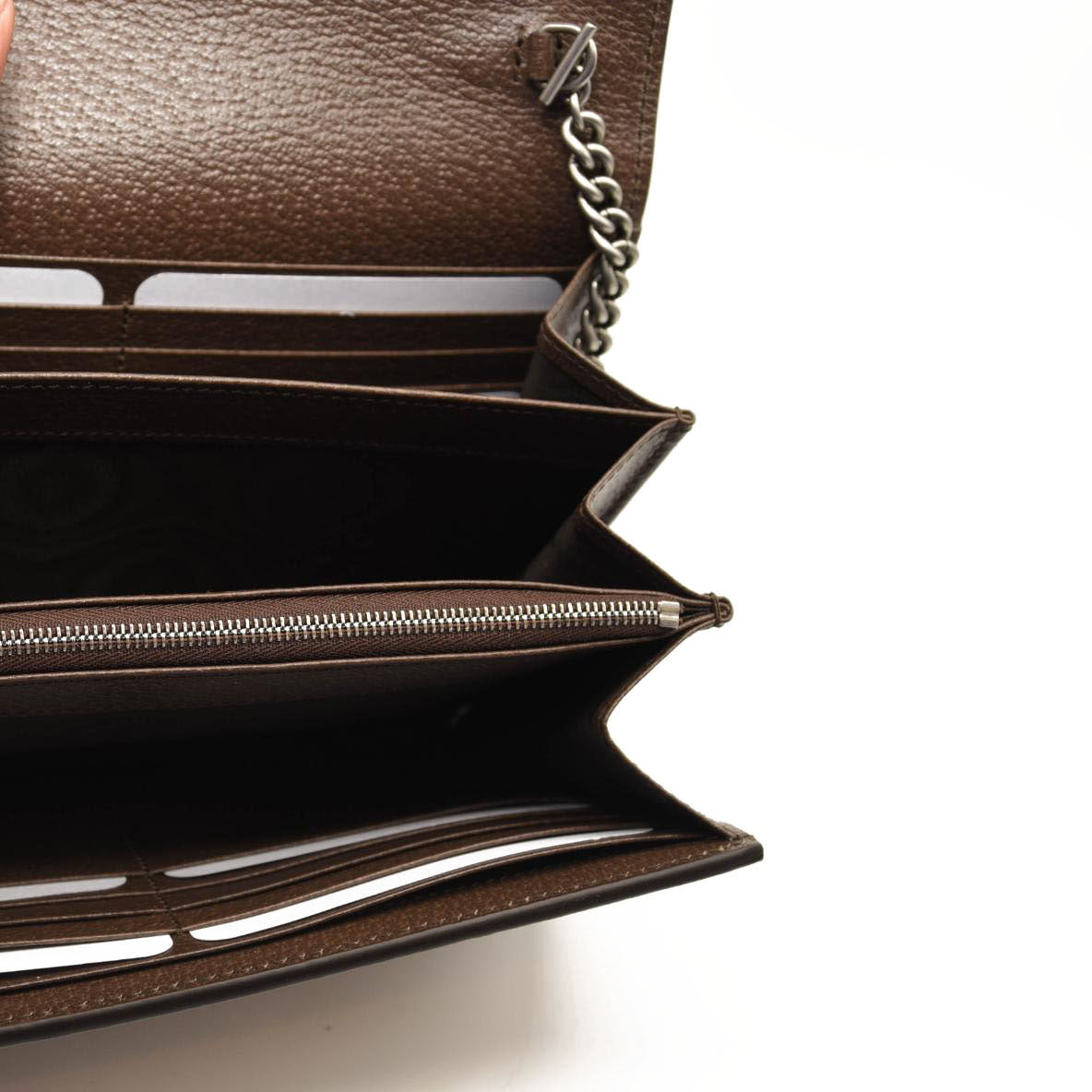 GUCCI Monogram Jumbo GG Textured Dollar Calfskin Mini Dionysus Chain Wallet Camel Ebony New Acero