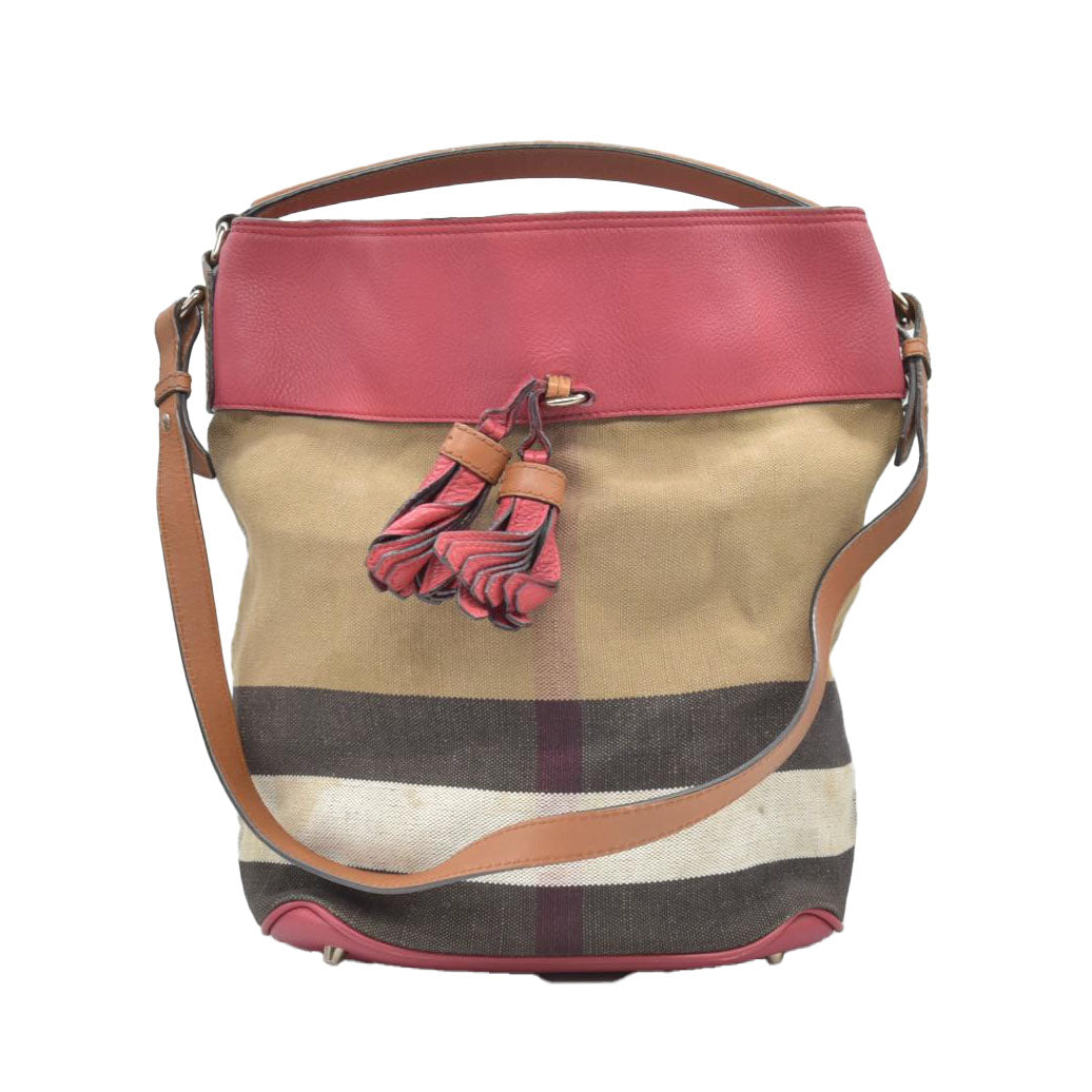 $1150 CONSIGNMENT BURBERRY Canvas Mega Check Medium Ashby Tassel Hobo Cinnamon Red
