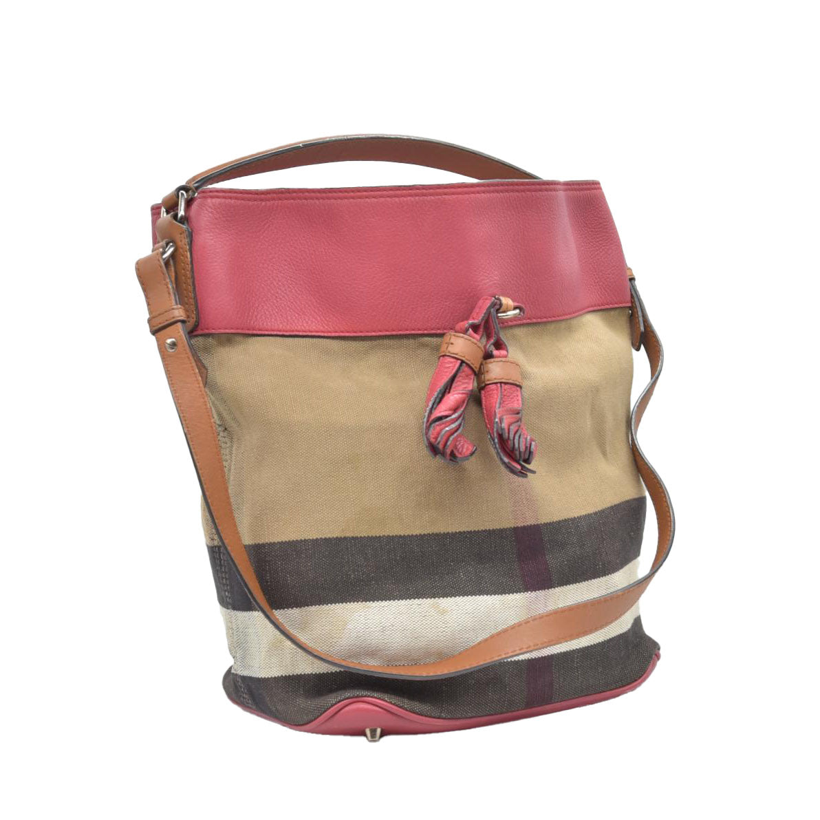 $1150 CONSIGNMENT BURBERRY Canvas Mega Check Medium Ashby Tassel Hobo Cinnamon Red