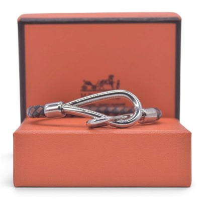 $390 HERMÈS Braided Leather Jumbo Hook Bracelet Brown CONSIGNMENT 10021601