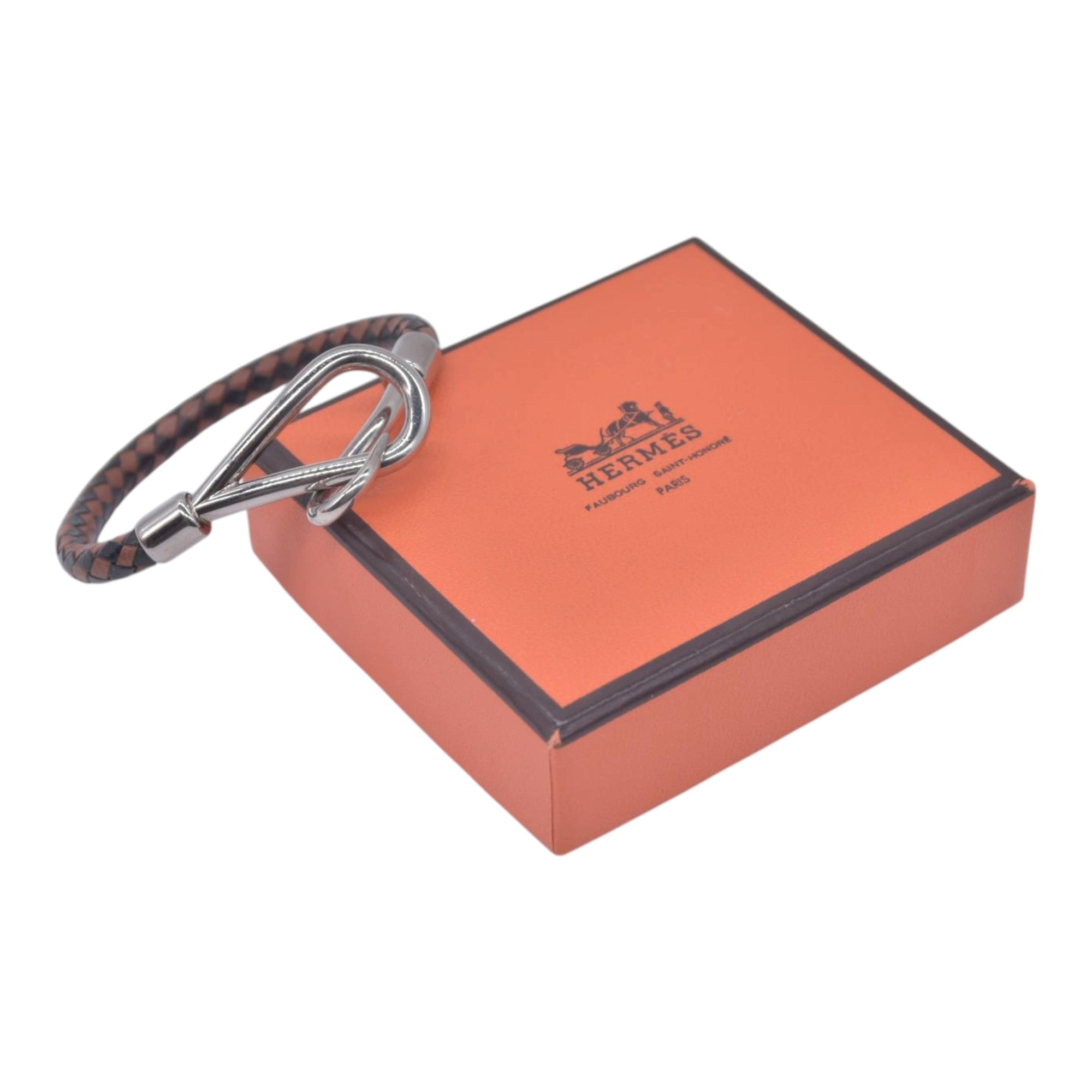 $390 HERMÈS Braided Leather Jumbo Hook Bracelet Brown CONSIGNMENT 10021601