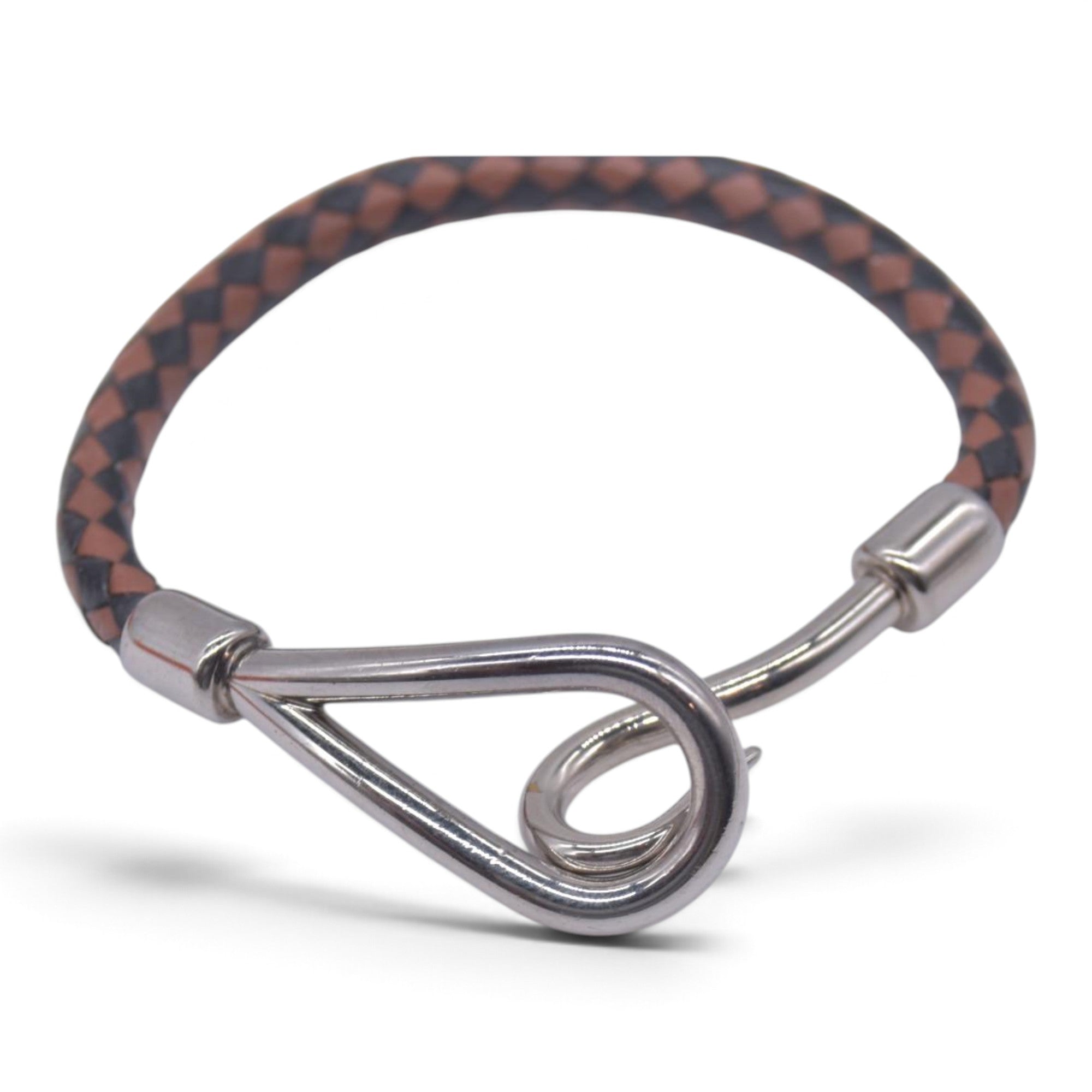 $390 HERMÈS Braided Leather Jumbo Hook Bracelet Brown CONSIGNMENT 10021601