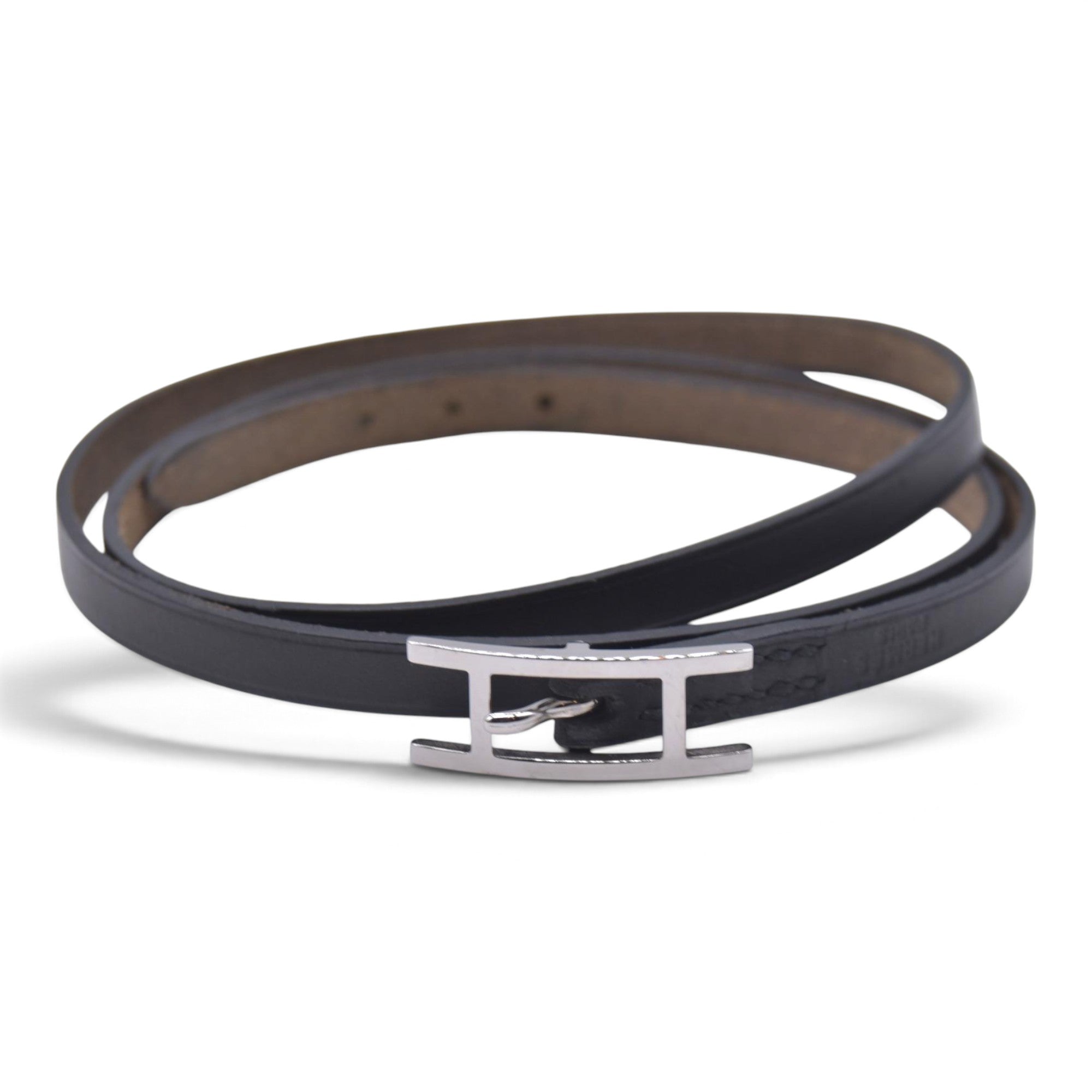 $390 HERMÈS Box Calf Behapi Double Tour Bracelet Black CONSIGNMENT 10021595