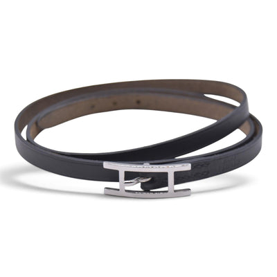 $390 HERMÈS Box Calf Behapi Double Tour Bracelet Black CONSIGNMENT 10021595