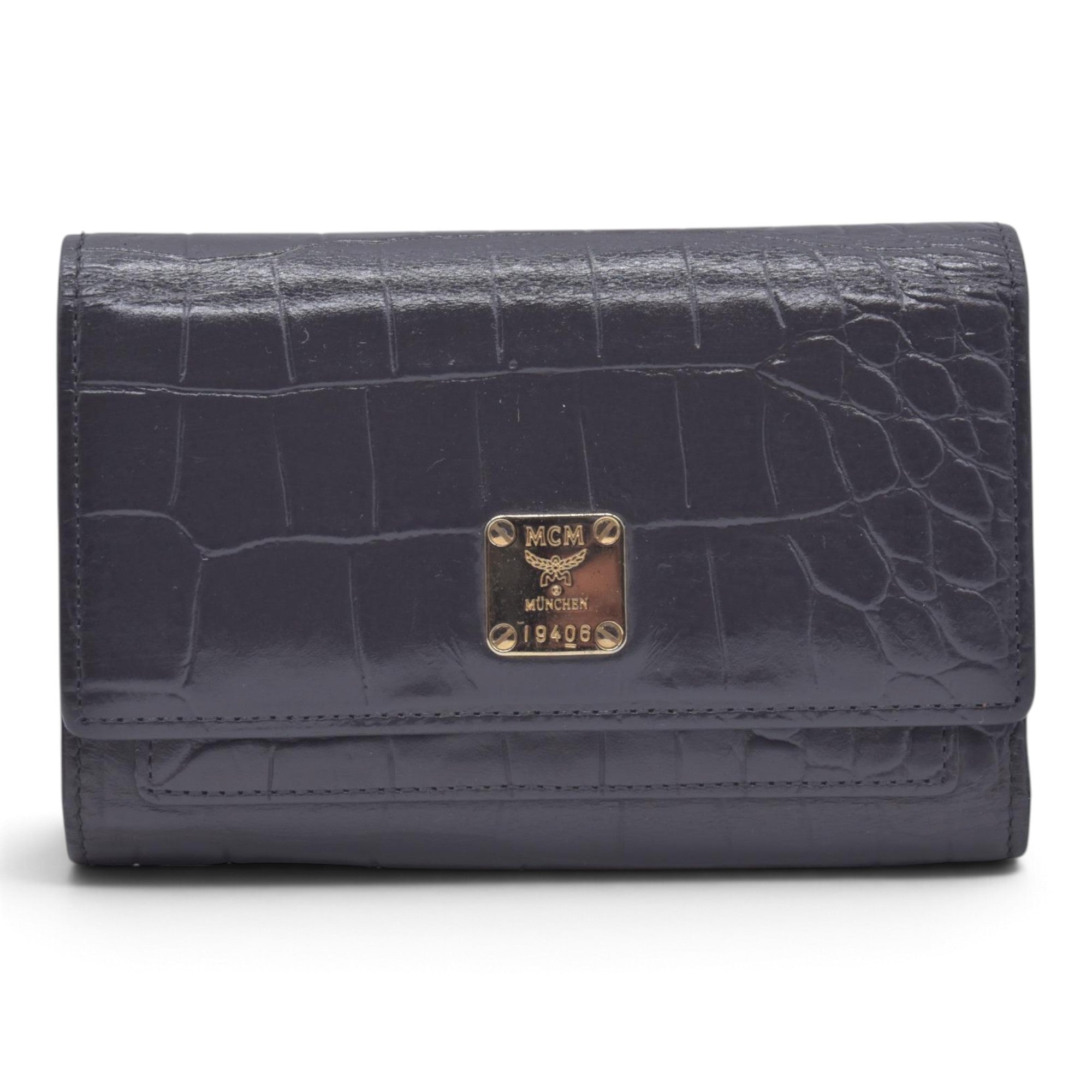 $380 MCM Embossed Crocodile Leather Logo Plaque Medium Flap Wallet Grey CONSIGNMENT 10021594