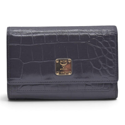 $380 MCM Embossed Crocodile Leather Logo Plaque Medium Flap Wallet Grey CONSIGNMENT 10021594