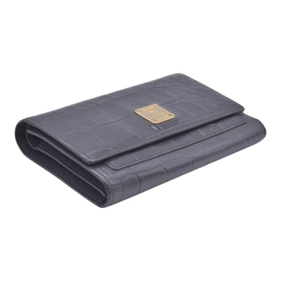 $380 MCM Embossed Crocodile Leather Logo Plaque Medium Flap Wallet Grey CONSIGNMENT 10021594