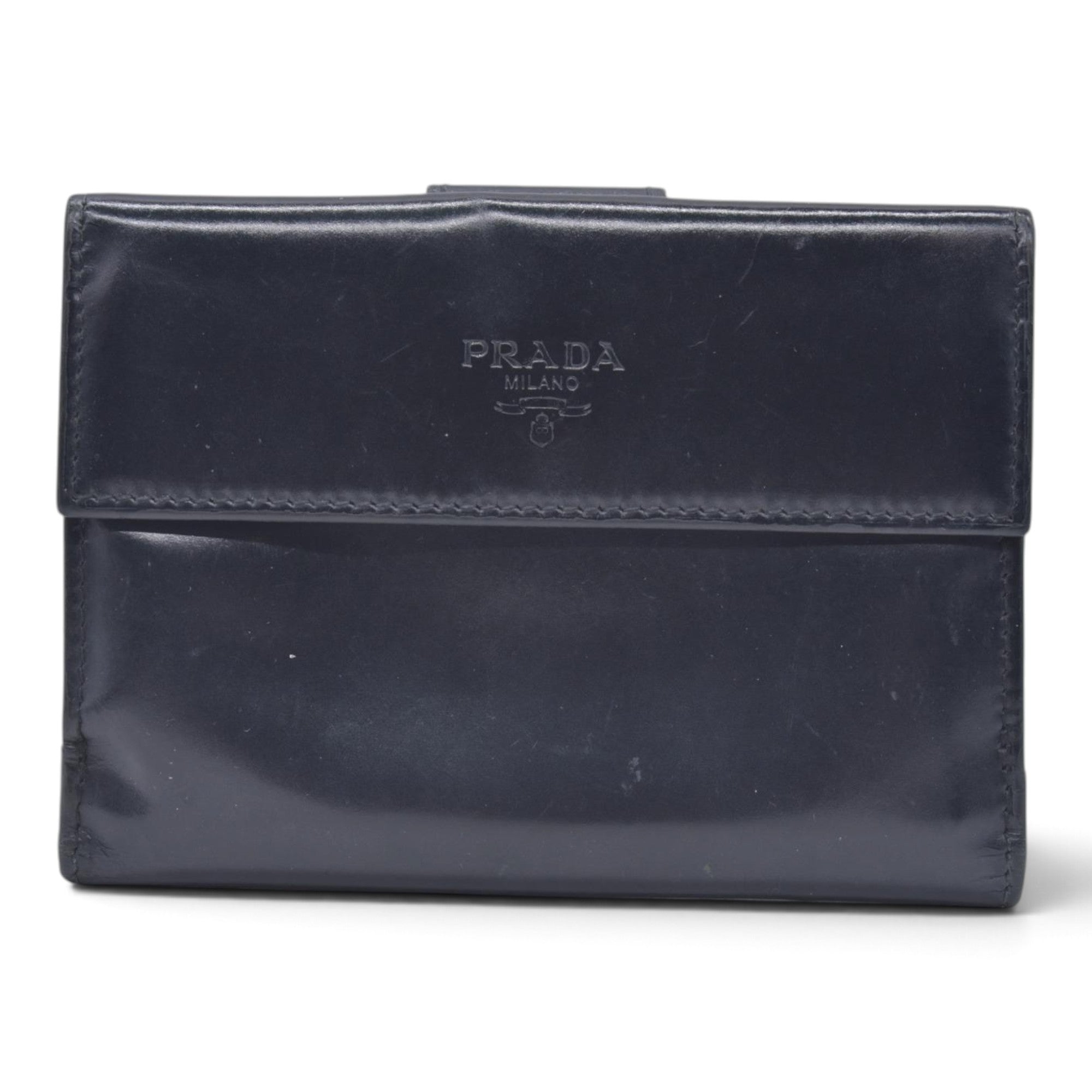 $520 PRADA Spazzolato Embossed Logo Flap Compact Wallet Navy Blue CONSIGNMENT 10021596