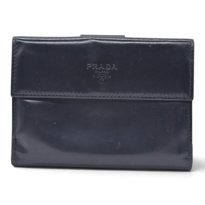 $520 PRADA Spazzolato Embossed Logo Flap Compact Wallet Navy Blue CONSIGNMENT 10021596