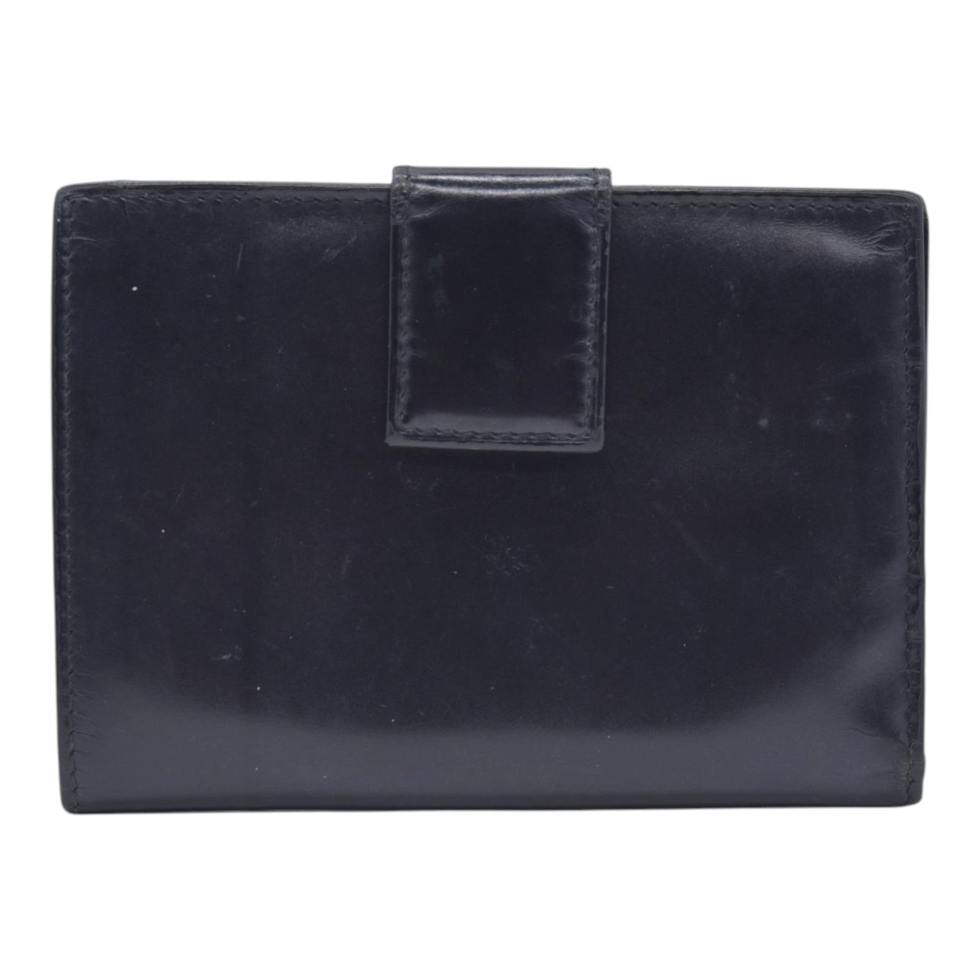 $520 PRADA Spazzolato Embossed Logo Flap Compact Wallet Navy Blue CONSIGNMENT 10021596