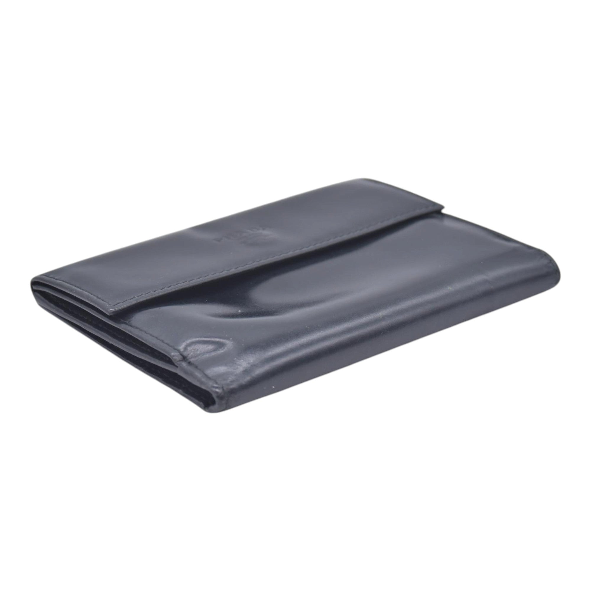 $520 PRADA Spazzolato Embossed Logo Flap Compact Wallet Navy Blue CONSIGNMENT 10021596