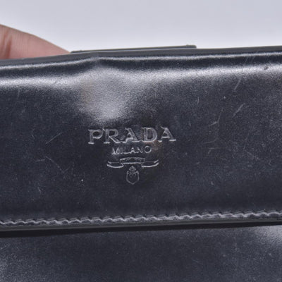 $520 PRADA Spazzolato Embossed Logo Flap Compact Wallet Navy Blue CONSIGNMENT 10021596