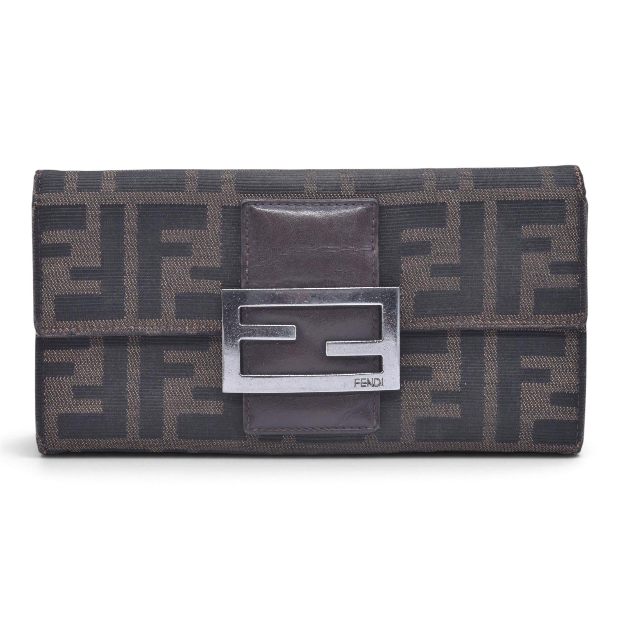 $580 DAMAGED FENDI Canvas FF Zucca Buckle Continental Flap Wallet Brown CONSIGNMENT 10021588