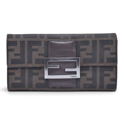 $580 DAMAGED FENDI Canvas FF Zucca Buckle Continental Flap Wallet Brown CONSIGNMENT 10021588