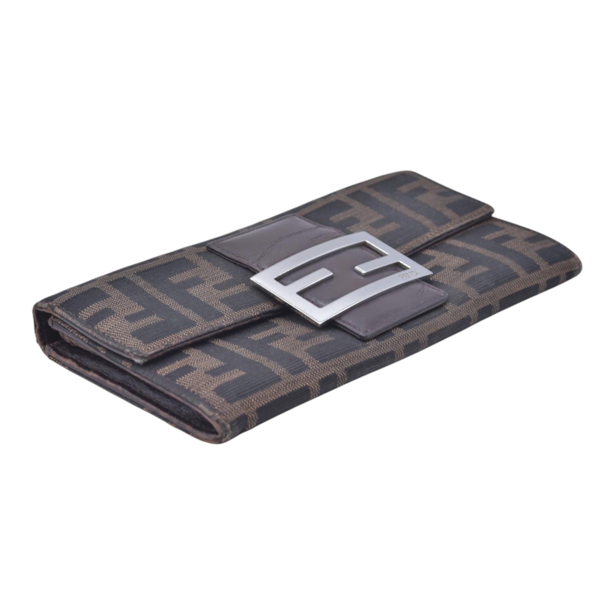 $580 DAMAGED FENDI Canvas FF Zucca Buckle Continental Flap Wallet Brown CONSIGNMENT 10021588