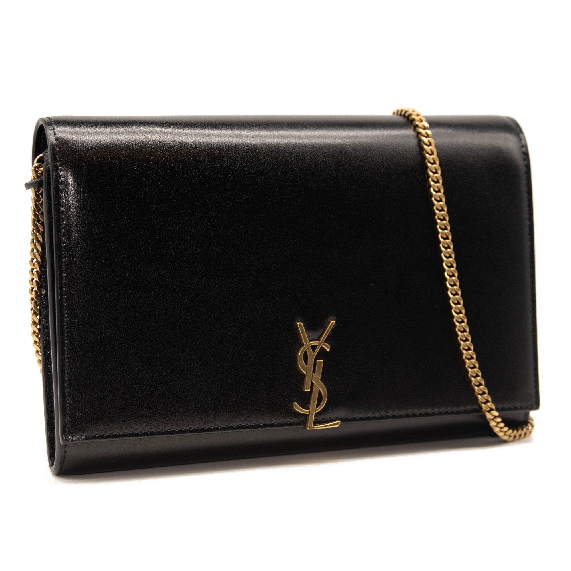 NEW Saint Laurent Le Monogram YSL Glossy Wallet on Crossbody Chain Black Gold