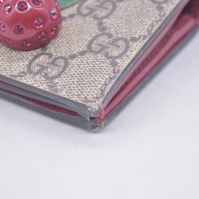 $470 GUCCI GG Supreme Monogram Cherry Embellished Card Case Wallet Hibiscus Red