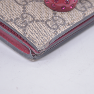 $470 GUCCI GG Supreme Monogram Cherry Embellished Card Case Wallet Hibiscus Red