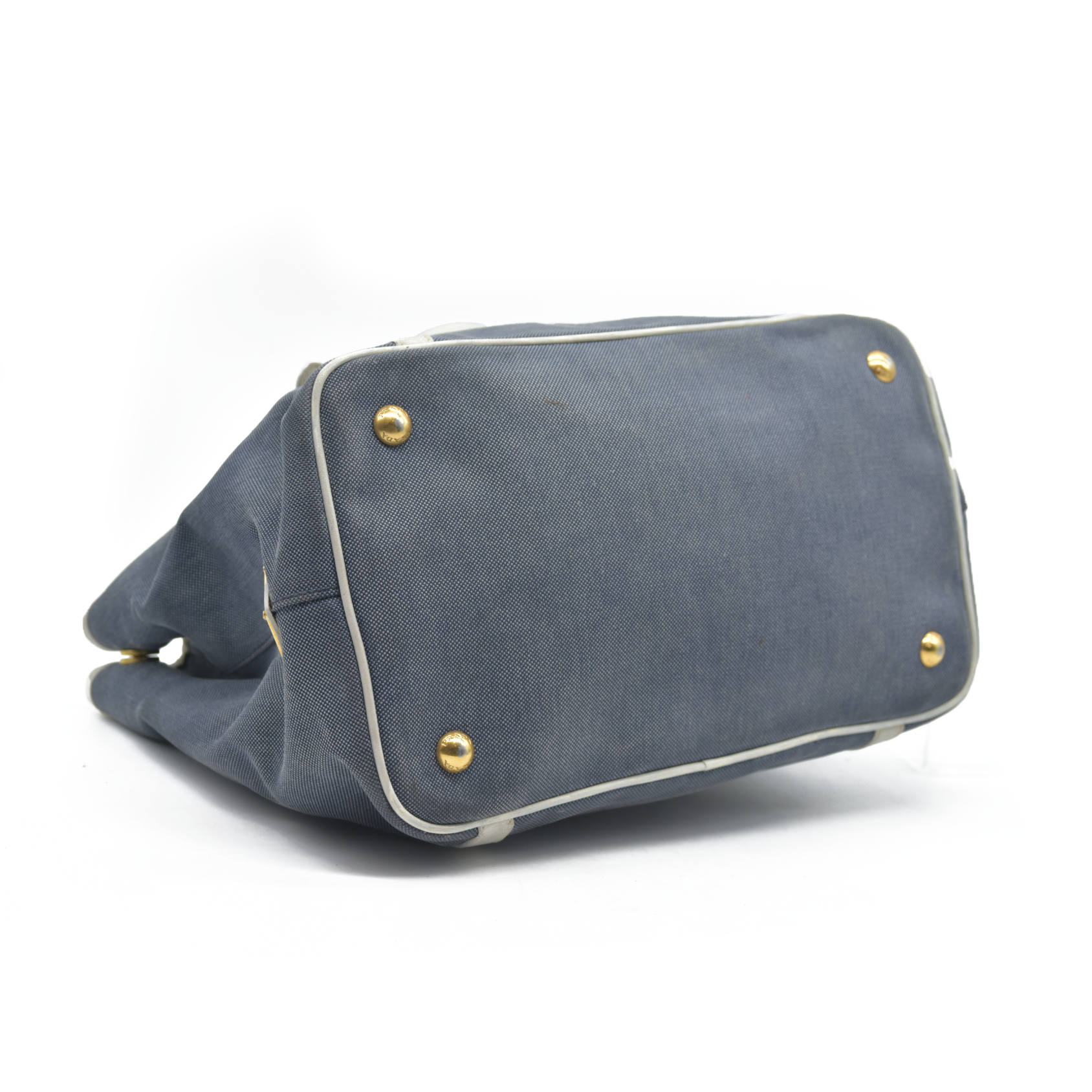 $2400 Prada Canapa Logo Jacquard Handle Bag Blue Denim