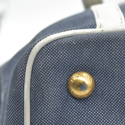 $2400 Prada Canapa Logo Jacquard Handle Bag Blue Denim