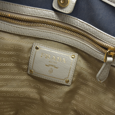 $2400 Prada Canapa Logo Jacquard Handle Bag Blue Denim