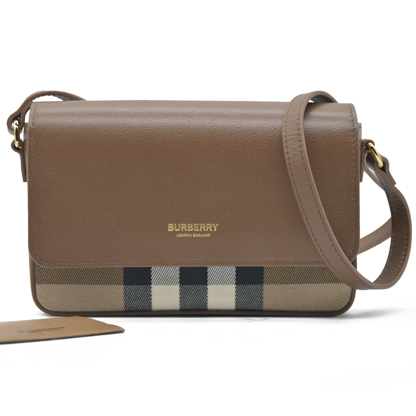 $1150 Burberry Hampshire Small House Check & Leather Crossbody Brown