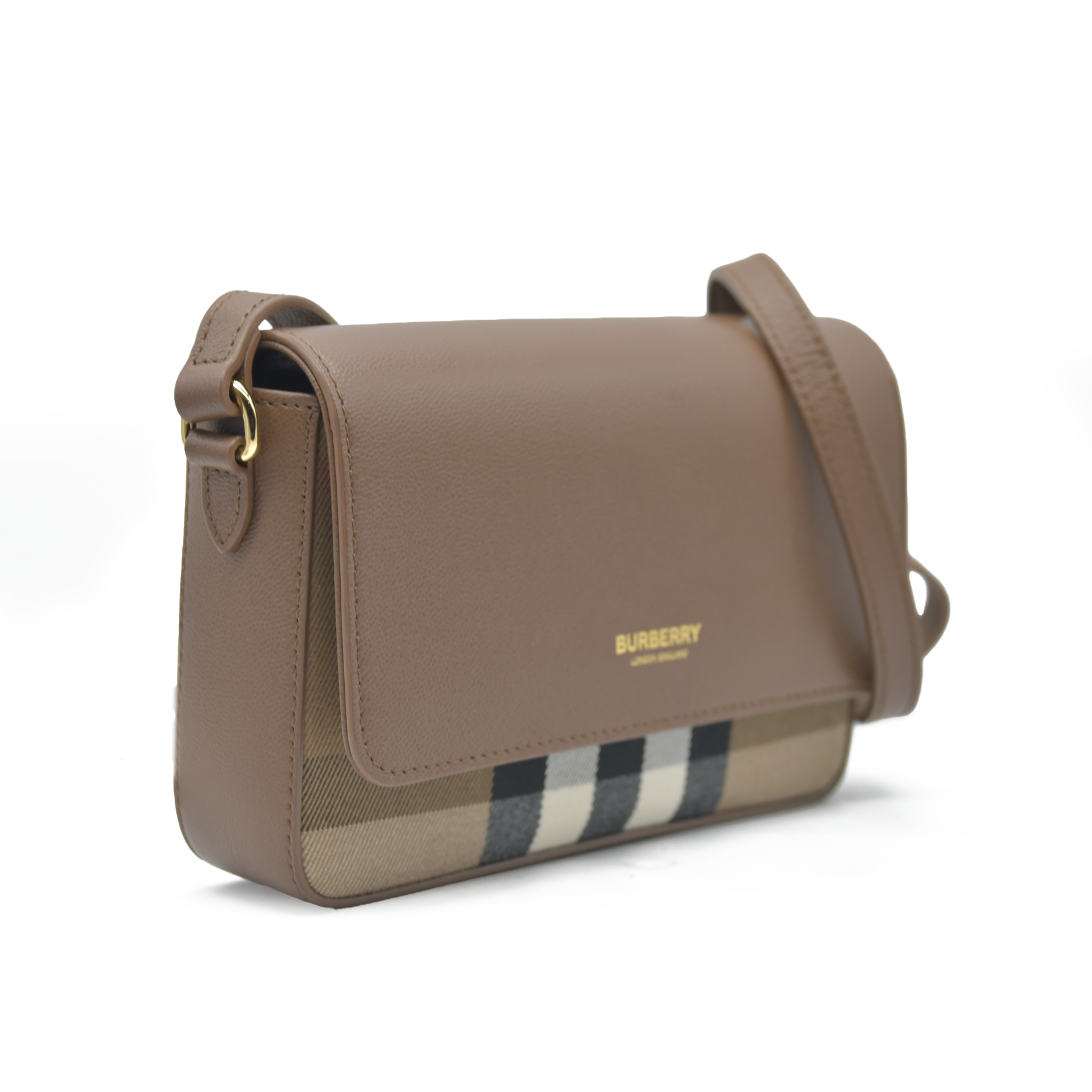 $1150 Burberry Hampshire Small House Check & Leather Crossbody Brown