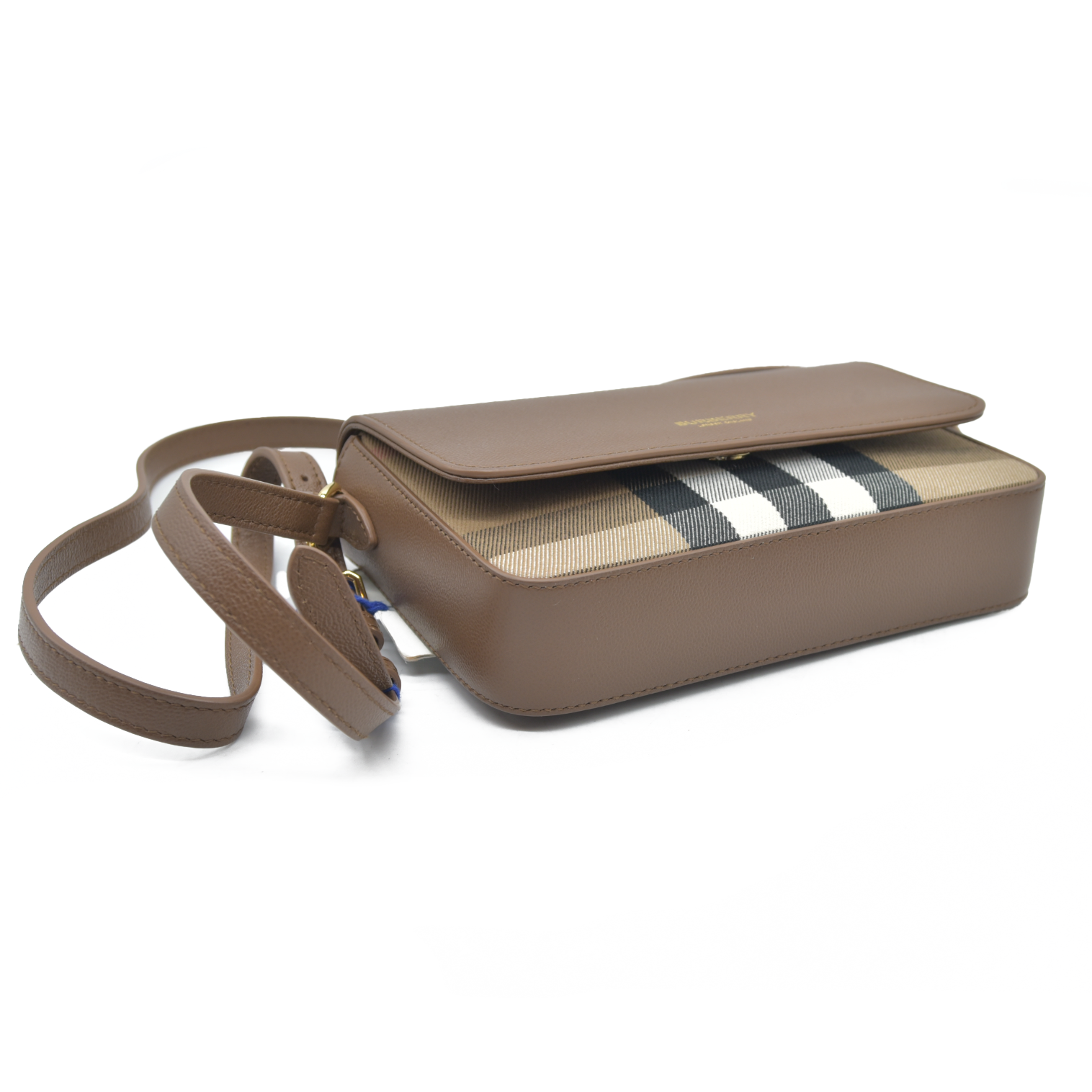 $1150 Burberry Hampshire Small House Check & Leather Crossbody Brown