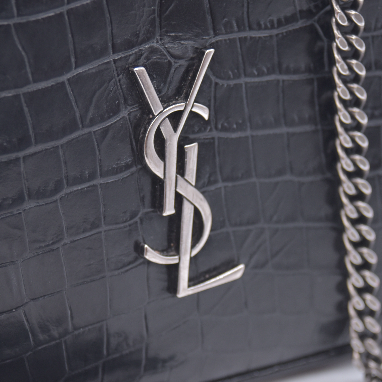$1800 2019 Saint Laurent Calfskin Crocodile Embossed Monogram Mini Lou Camera Bag Black 10020872