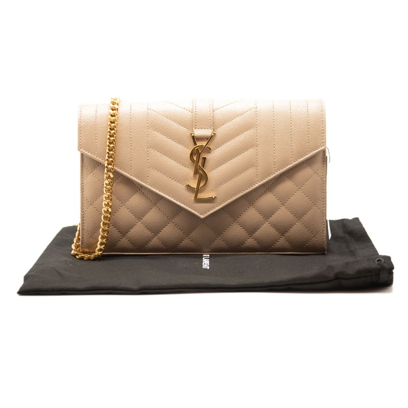 Saint Laurent Grain De Poudre Mixed Matelasse Triquilt Monogram Chain Wallet Beige