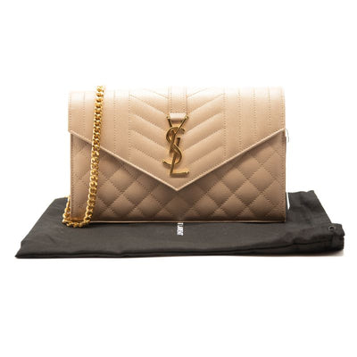 Saint Laurent Grain De Poudre Mixed Matelasse Triquilt Monogram Chain Wallet Beige