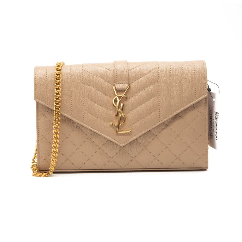 Saint Laurent Grain De Poudre Mixed Matelasse Triquilt Monogram Chain Wallet Beige