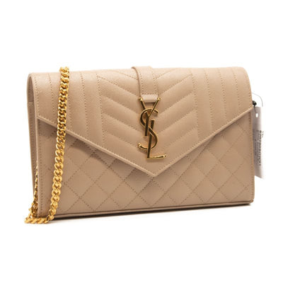 Saint Laurent Grain De Poudre Mixed Matelasse Triquilt Monogram Chain Wallet Beige