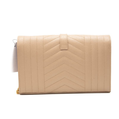 Saint Laurent Grain De Poudre Mixed Matelasse Triquilt Monogram Chain Wallet Beige