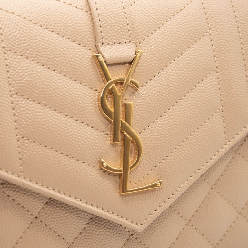 Saint Laurent Grain De Poudre Mixed Matelasse Triquilt Monogram Chain Wallet Beige