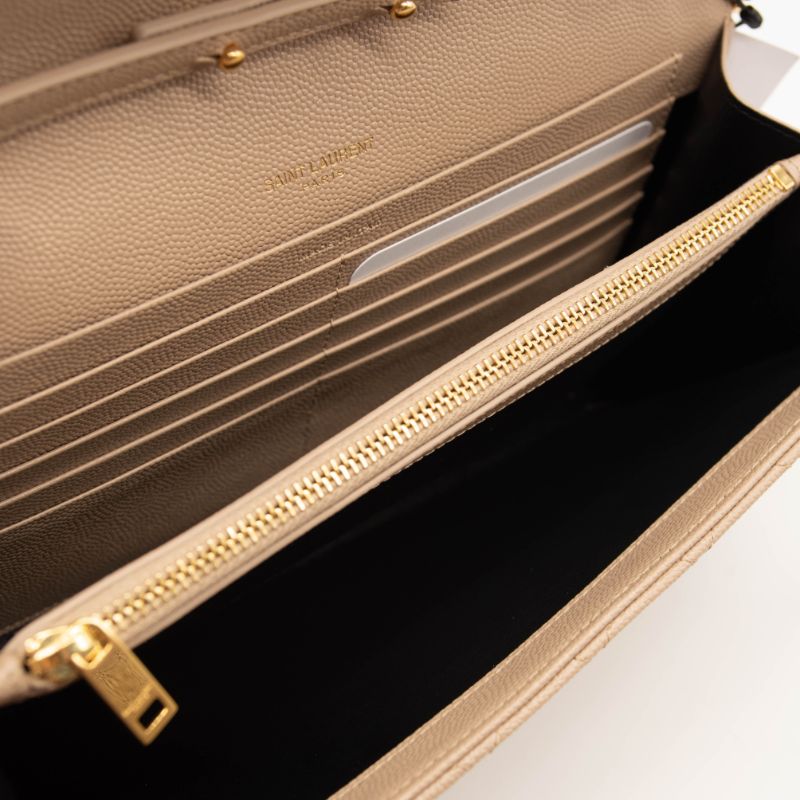 Saint Laurent Grain De Poudre Mixed Matelasse Triquilt Monogram Chain Wallet Beige
