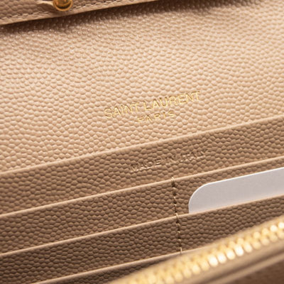 Saint Laurent Grain De Poudre Mixed Matelasse Triquilt Monogram Chain Wallet Beige