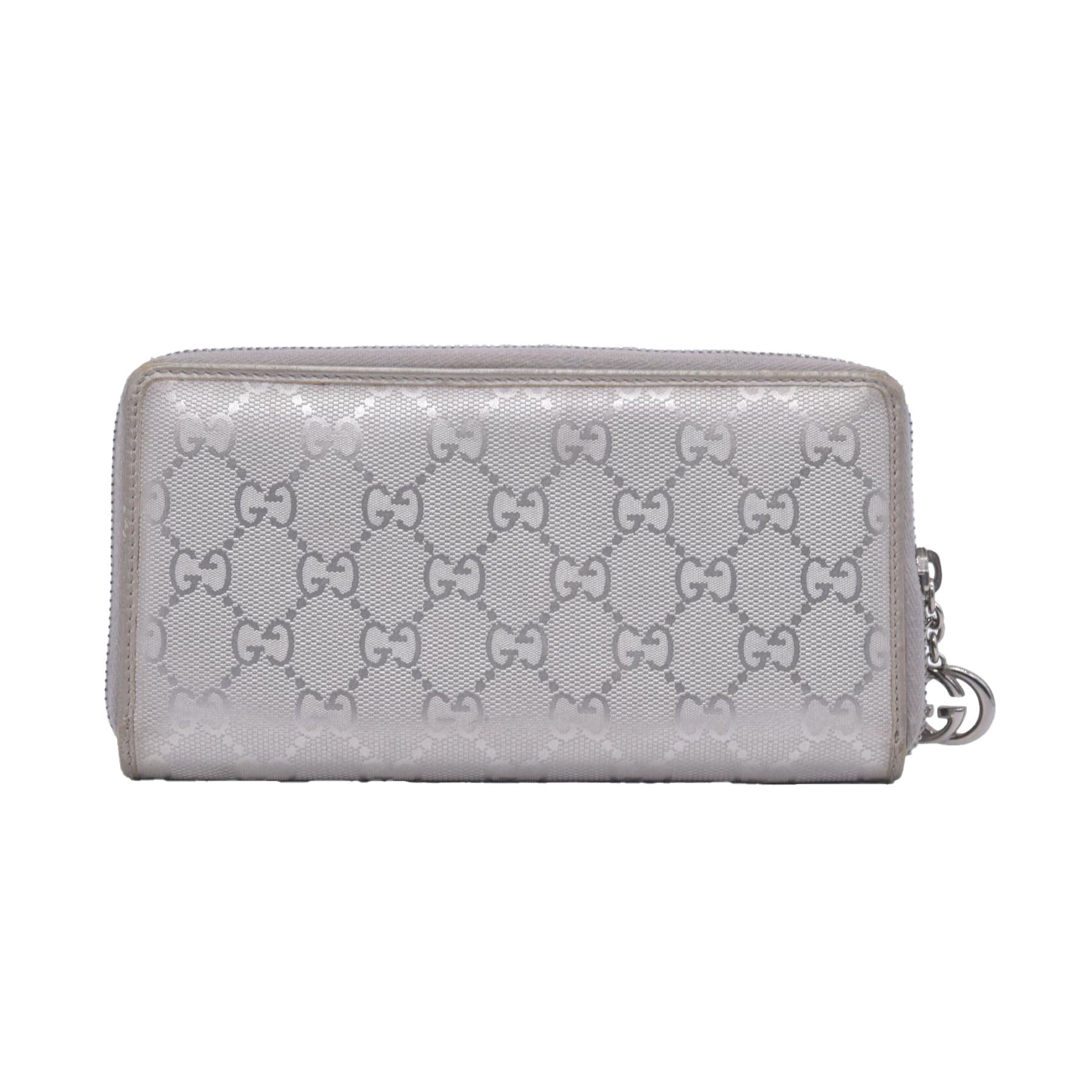 $770 2005 GUCCI GG Monogram Canvas GG Monogram Zip Around Wallet Wallet Metallic Grey CONSIGNMENT 10020940
