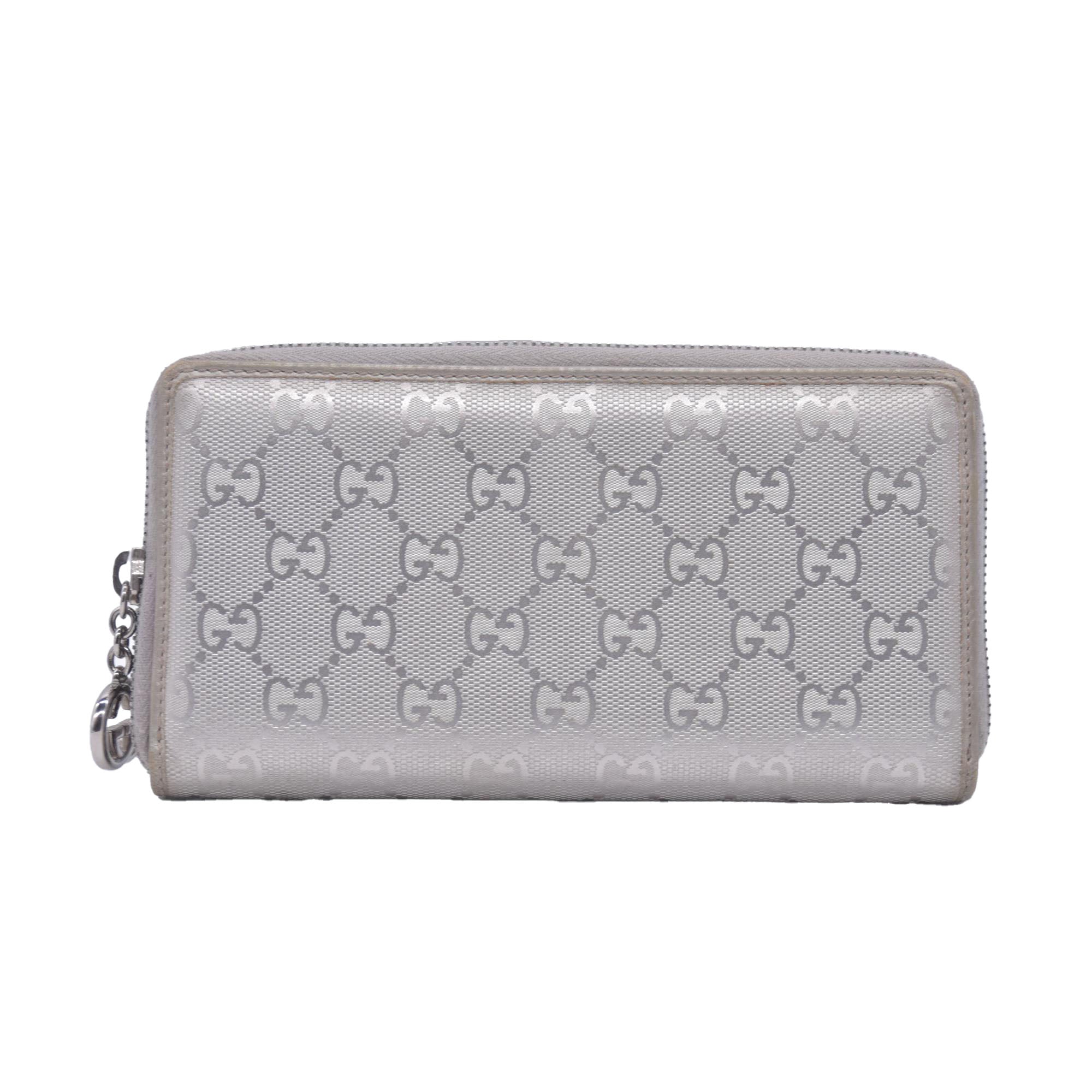 $770 2005 GUCCI GG Monogram Canvas GG Monogram Zip Around Wallet Wallet Metallic Grey CONSIGNMENT 10020940