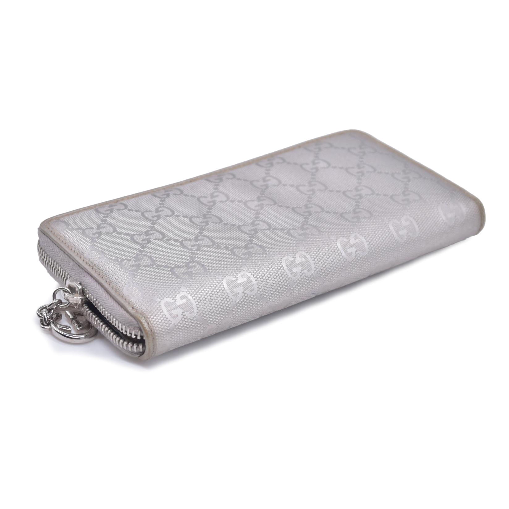 $770 2005 GUCCI GG Monogram Canvas GG Monogram Zip Around Wallet Wallet Metallic Grey CONSIGNMENT 10020940