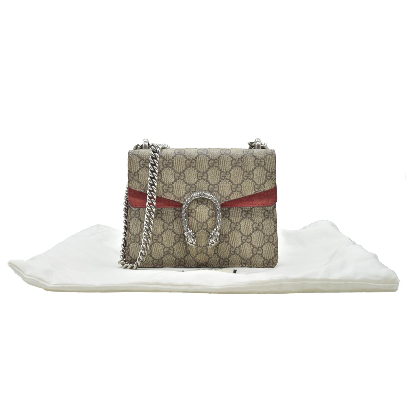 $2600 Gucci GG Supreme Monogram Suede Cudu Medium Dionysus Shoulder Bag Beige Ebony Vulcanic Red CONSIGNMENT