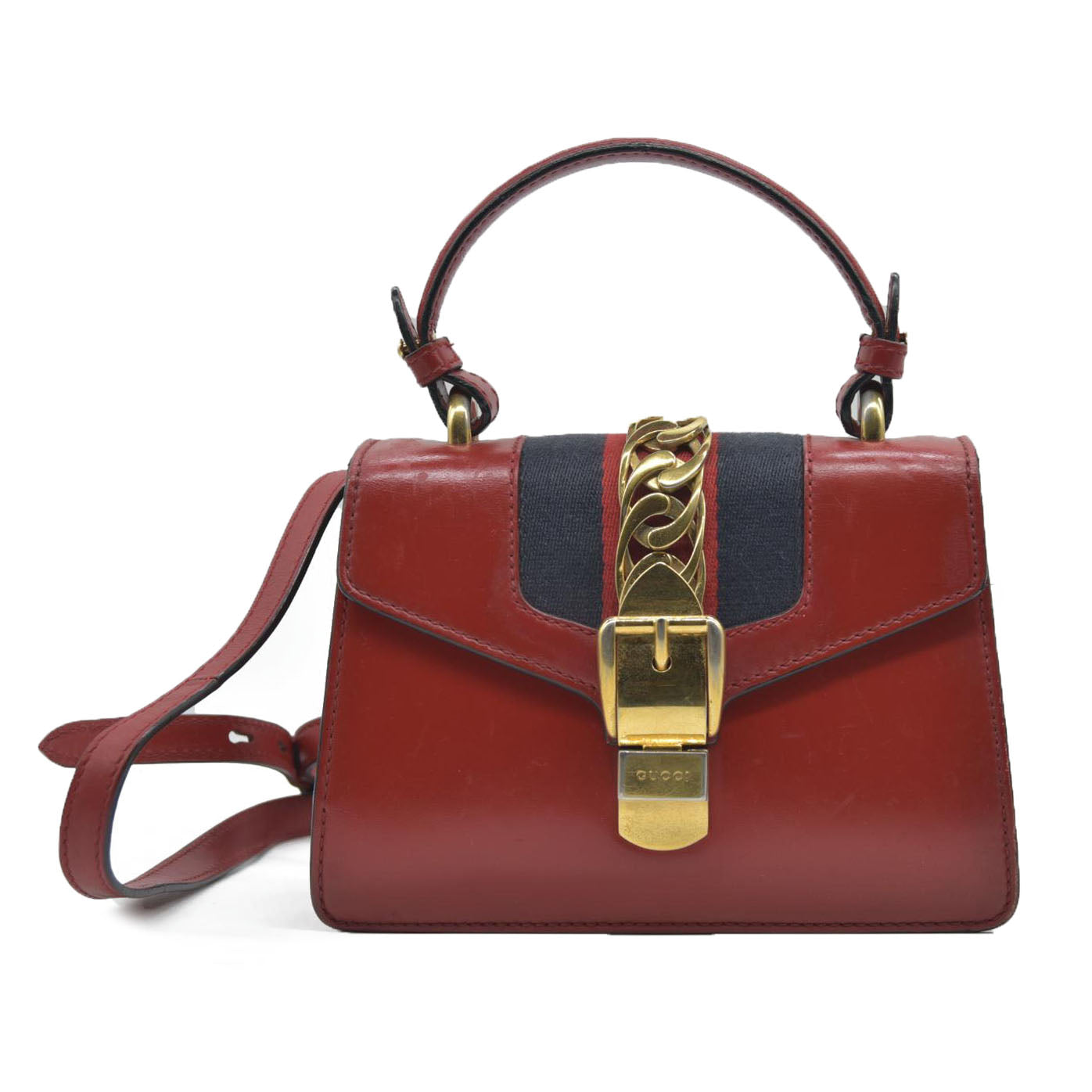 $1980 Gucci  Calfskin Mini Sylvie Chain Shoulder Bag Hibiscus Red