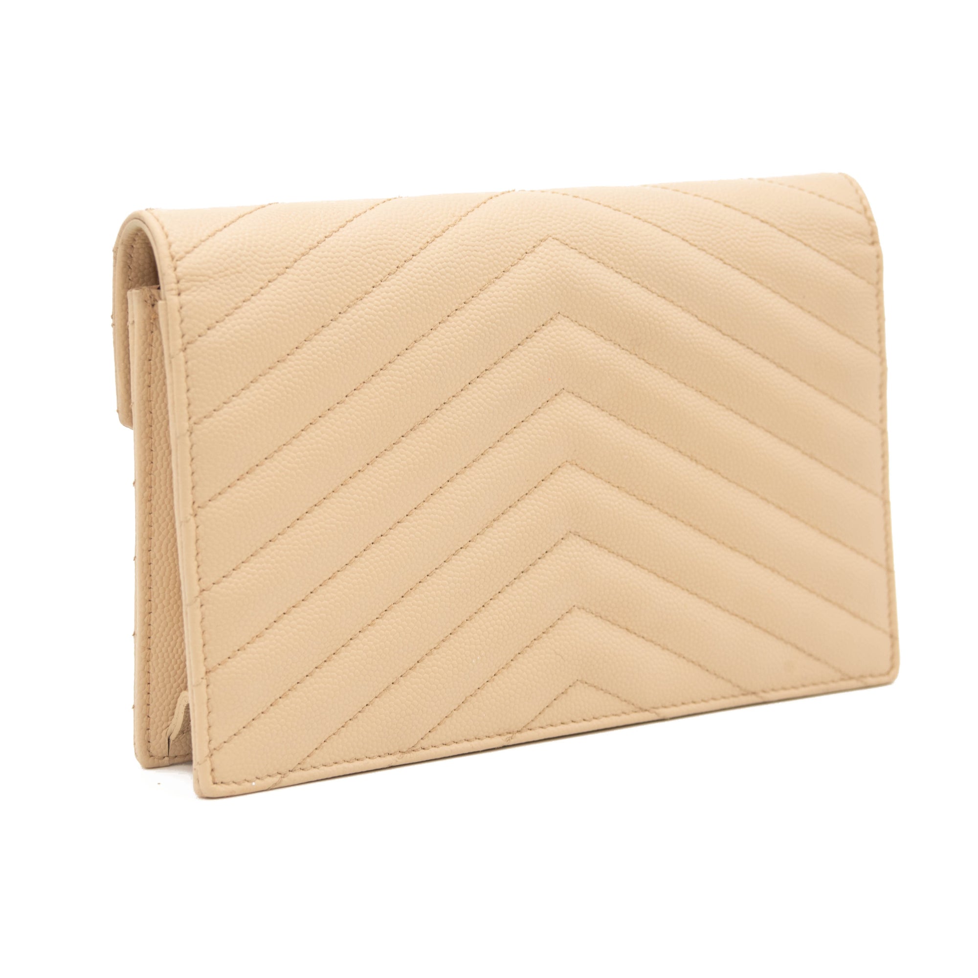 SAINT LAURENT Grain De Poudre Matelasse Chevron Monogram Envelope Chain Wallet Beige